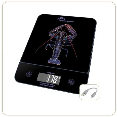 LITTLE BALANCE 8710 Happy Genius 10 Blue Langosta, Báscula de cocina sin pila, recargable USB, Reparable, 10 kg, Blue Langosta