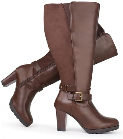 Chicblooms Bottines à talon haut pour femme - Grande taille - Tige extra large - Avec boucle de cheville