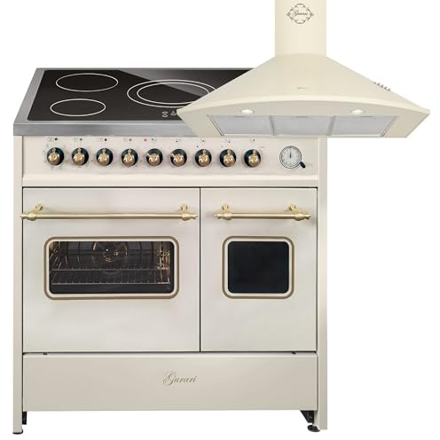 GURARI Cuisinière électrique GCH E 912 DF Cr r+GCH C 046 BG 9, cuisinière électrique sur pied 90 cm avec rallonge télescopique 1 compartiment, double four + hotte aspirante 90 cm