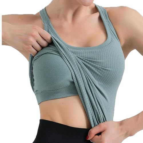 SHEKINI Damsporttopp med integrerad bh utan bygel, ärmlös, ribbad undertröja, bh-skjorta, basic, andas, fitnesströja, sommar, gym, toppar, träning, linne, yogatröja, Grön, S