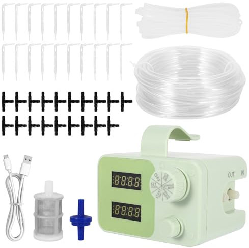 Sistema di irrigazione automatico, set di irrigazione a goccia per 20 piante in vaso, sistema di irrigazione a goccia USB-C per interni con display LCD, allarme per mancanza di acqua, orologio, timer