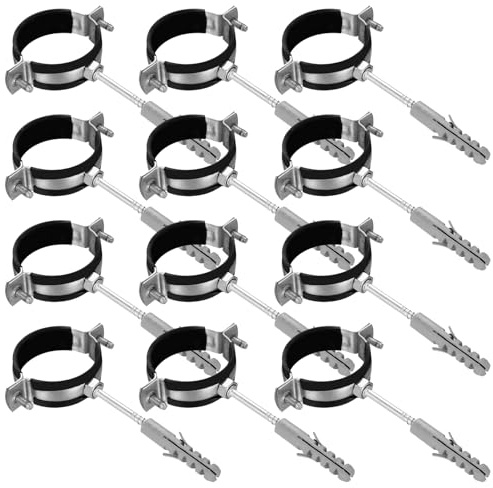 12 fascette stringitubo da 50 mm e 12 viti prigioniere e 12 tasselli, fascette stringitubo con inserto in gomma, per tubi di fissaggio a parete, per canali, sanitari, condotti di ventilazione
