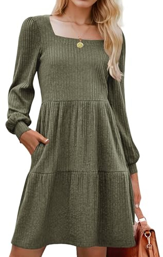 Zeagoo Abito da donna a maniche lunghe, abito autunnale, linea A, maniche a sbuffo, elegante abito lavorato a maglia, vestiti lunghezza al ginocchio, con tasche, per autunno e inverno, S-XXL, verde