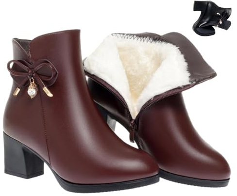 Bottines à talons épais en cuir pour femme, bottes en cuir avec strass étincelants, chaudes, entièrement doublées de fourrure, fermeture éclair latérale, talons hauts, Brun A, 45 EU