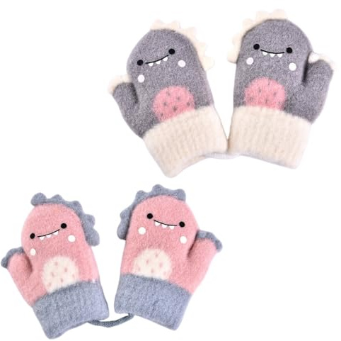 SDXCJY Lot de 2 paires de moufles d'hiver chaudes pour bébé de 0 à 2 ans, moufles sur ficelle pour tout-petits en tricot pour garçons et filles, Rose + gris., 11*4
