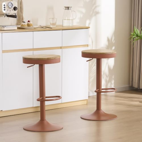 YOUNIKE Taburete de bar de madera, juego de 2, altura ajustable y giratorio 360 ° con reposapiés, trona para bar, cocina, mostrador, montaje fácil, terracota