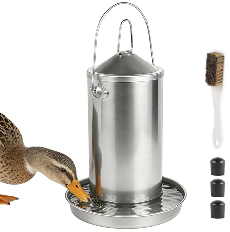 SWAWIS 4L Hühnertränke aus 304 Edelstahl, Geflügeltränke mit Bürste und Gummistopfen, Aufhängbar oder Aufstellbar, Wasserspender für Hühner mit Futtertrog, Leicht zu Reinigen