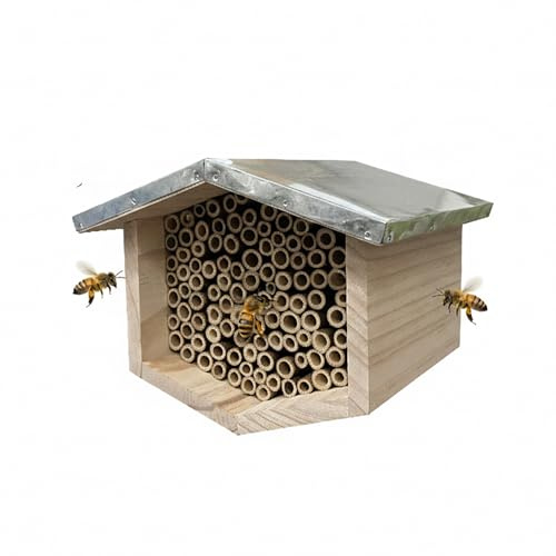 Relaxdays Hotel para Abejas, Madera y Metal, Tubos de bambú, 17 x 21.5 x 20.5 cm, Natural/Plateado