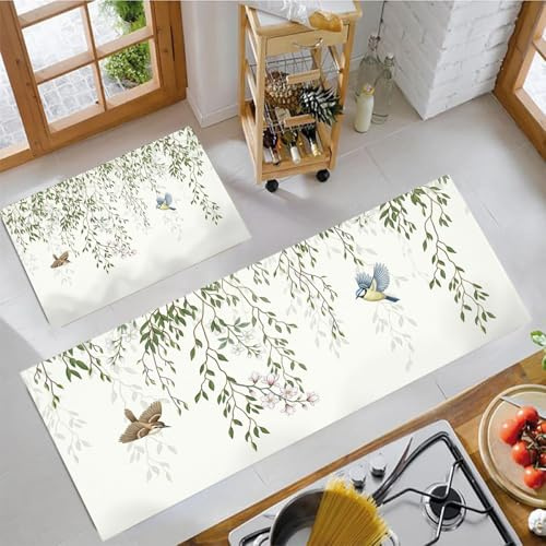 HASLEFND Tappeto Cucina Set di 2 Antiscivolo Rami di salice e uccelli, Tappetini da Cucina Lavabili Semplice stile cinese Runner Tappeti per Corridoio, Sala da Pranzo 45x75+45x150cm Verde chiaro