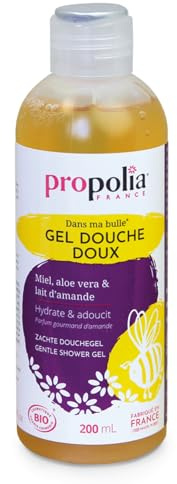 PROPOLIA - Bio - Gel douche Doux - Miel, Lait d'amande, Aloe vera & Eau florale d'oranger - Hydrate & Adoucit - Parfum Amande douce - Enfants et Adultes - Fabriqué en France - 200 ml