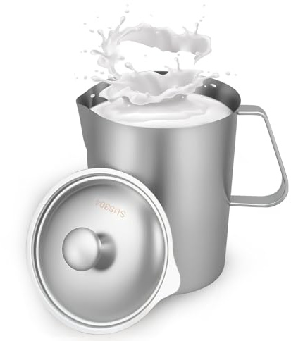 1000ml Milchkännchen mit Feiner Graduierung Deckel Messbecher Edelstahl Milk Pitcher Milchkanne Edelstahl für Zuhause Küche Restaurant Bar Teehaus Café Partylokale (1000ml)