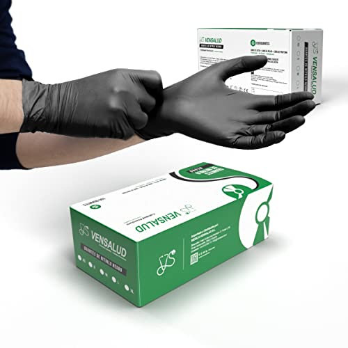 VENSALUD | Gants NITRILE jetables | Sans poussière | Résistant | Pour laboratoires, sanitaires, cuisine, studios de tatouage, vétérinaire, nettoyage, examen | Sans latex | 100 pcs. | Noir | Taille XL