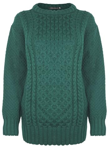 Generation Fashion New Ladies Women Aran Knit Long Sleeve Crew Neck Knitted Cable Jumper Sweater Pullover Top 8-30 (Bottle Green, M-L)