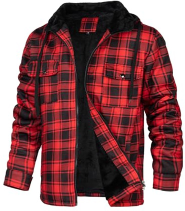 LBL Men's Hoodies Full Zip Up Fleece Jacket Casual Plaid Shirt Hooded Sweatshirts Winter Thick Coats with Pockets BS008 Red M