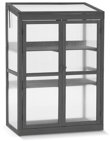 MCombo Wooden Cold Frame Greenhouse, Raised Flower Planter Shelf Protection for Outdoor Indoor Use, 0760 (Dark Grey)