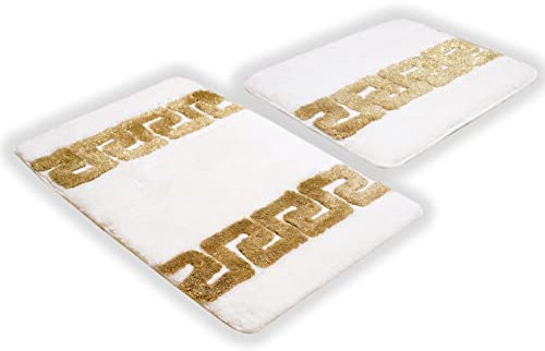 Luxus Badematte Badezimmerteppich Duschmatte Badvorleger Badgarnitur Set 2 teilig in weiss gold Mäander Muster 100% Acryl - rutschfest waschbar flauschig Fussbodenheizung geeignet - Weiss, 2er SET