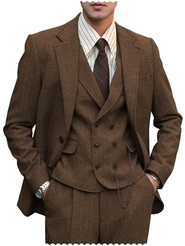 Tuikayoo Mens Formal Tweed Wool 3 Piece Wedding Slim Fit Suit Prom Tuxedos Groomsmen（Brown，M）
