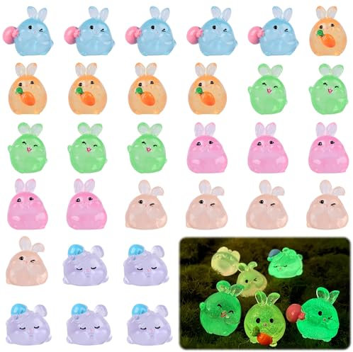 Unvtap 30 Stück Harz Figurines, Leuchtende Tiere, Mini Figuren für Gartendeko, DIY Micro Landschaft Szenen, Heimdekorationen - Miniatur Kaninchen
