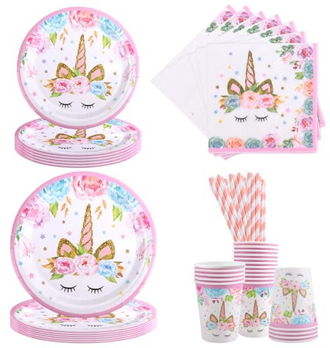 Aitsite Lot de 50 assiettes de fête licorne rose pour 10 invités – Assiettes, gobelets, serviettes – Kit de décoration de fête pour anniversaire d'enfant