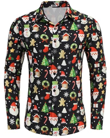 COOFANDY Mens Christmas Shirts 3D Print Xmas Shirt Santa Claus Shirts Funny Christmas Shirt for Men UK Funny Funky Tshirts Long Sleeve Casual Christmas-Black L