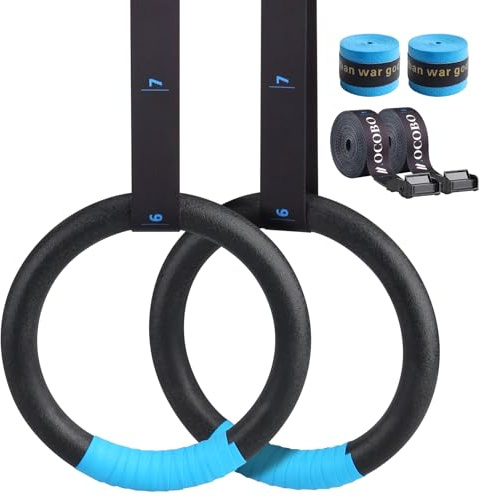 MOCOBO Gymnastikringar, gymnastik, gymnastikringar, kalisteniska ringar, fitness, ABS gymnastikringar med höghållfasta polyesterband, blått greppband, zinklegeringsspänne för inomhus och utomhus
