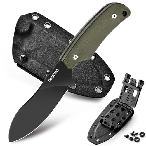 Omesio Couteau Fixe Avec étui Kydex, Nessmuk Acier D2 Full Tang Grand Couteau De Chasse, Longueur Totale 22,5 Cm, Manche G10 Non-slip Couteau De Ceinture Pour Camping Survival(Vert + Noir)