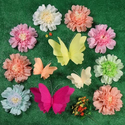 SUNBEAUTY Giant Paper Flowers Large Hanging Butterfly Decorations 10‘’ 17‘’ 3D Paper Butterfly Pastel Tissue Paper Flower Decorations for Girls Women Birthday Spring Garden Garden Wedding Party Decor
