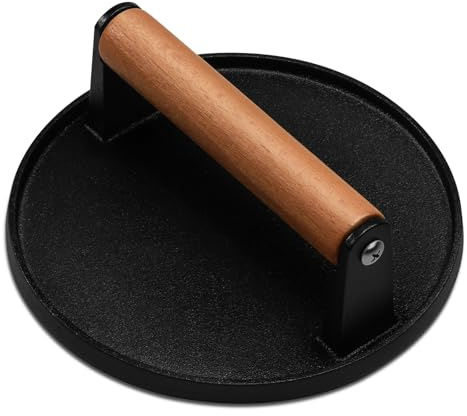 EWFEN Presse à bacon en fonte avec poignée en bois, presse à hamburger (ronde avec fond plat)