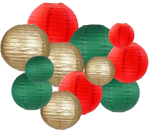 ZYOOO 12pcs Paper Lanterns,15/20/25cm Round Hanging Paper Lanterns Decoration for Birthday Party,Wedding,Graduations,Christmas Garden Decoration(Red,Green,Gold)