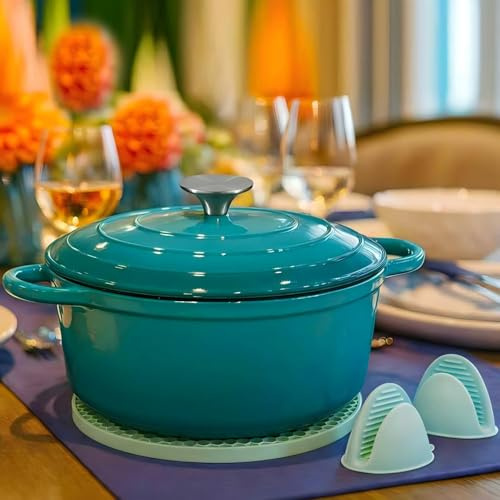 Nilpferd Gusseisen Topf Schmortopf 22cm Emaille Bräter mit Deckel Topflappen, Kasserollen Bratentopf brot backen für Schmoren Braten Incl.1 Paar Silikon Ofenhandschuhe &Topfuntersetzer(Blaugrün,3L)