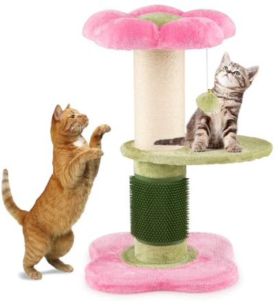 COSTWAY Albero per Gatti da Interno Alto 69 cm, Tiragraffi per Gatti a Forma di Fiore con Piedistallo Imbottito in Pile, Tiragraffi in Sisal e Pallina Appesa, Mobili per Gattini a Più Livelli (Rosa)