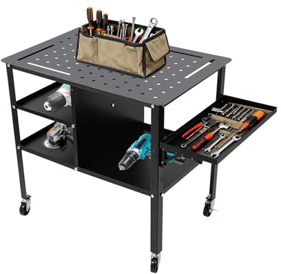 Mesa de soldadura profesional, 111 x 60 cm, con 4 ruedas y capacidad de carga de 500 kg, de acero, con placa perforada y gancho para herramientas, para taller e industria (negro)