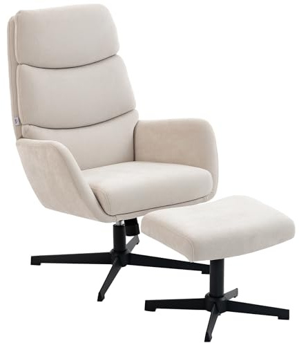 HOMCOM Relaxsessel mit Hocker, Sessel mit hoher Rückenlehne, Loungesessel mit Wippfunktion Leinenoptik Metallsockel, Polstersessel für Wohnzimmer, Schlafzimmer, Beige