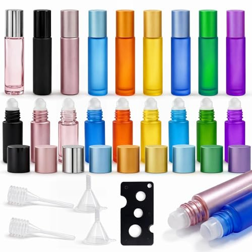 18 Pièces Flacons Roll on Vides en Verre 10ml & 5ml, Bouteilles à Bille Rechargeables avec Bouchons, Ouvre-Bouteille, Entonnoir et Compte-Gouttes pour Huiles Essentielles, Parfums et Cosmétiques