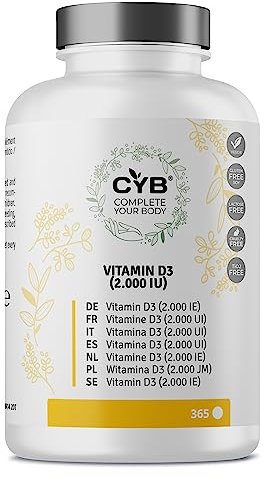 CYB | Vitamina D3 2000 UI - 50µg Pura Alta Dosis D3-365 Tabletas Suministro para 1 Año - Suplemento Vegetariano Diario - Fácil de Tragar - Sin Gluten ni Lactosa - Testeado en Laboratorio