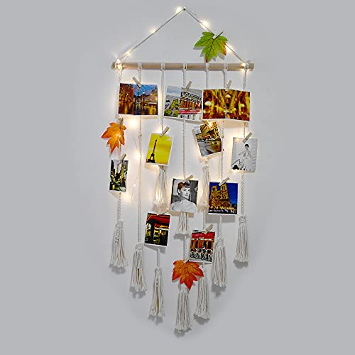 Homecor Boho Wall Hanging Photo Display Holder Set, with LED String Light, Wood Clips, Pictures Organizer, Macrame Wall Decor for Bedroom Teenage Teen Girl Gifts Ages 10 11 12 13 14 Years Old