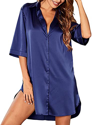 Women's Nightgown Nightwear Button Down Sleepshirt Satin 3/4 Sleeve Nightshirt Boyfriend Notch Collar Tops Shirts Dress Sleepwear (Blue, Medium)