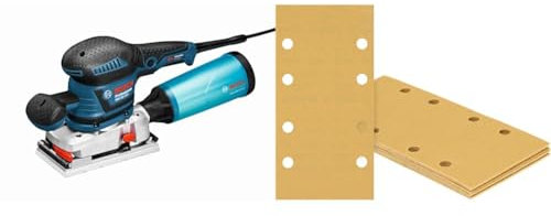 Bosch Professional Schwingschleifer GSS 230 AVE (inkl. Microfilterbox, Zusatzhandgriff, im Karton) + 10x Schleifpapier Expert C470 mit 8 Löchern (für Hartholz, Farbe auf Holz, Körnung 120)