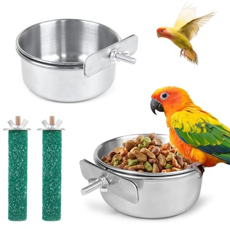 2 Piezas Comedero Inoxidable Loro con Gancho, Tazón de Comida Agua de Jaula de Animal Pájaro,Tazas para Platos de Alimentación de Pájaros, para Aves Alimento de Suministro de Agua