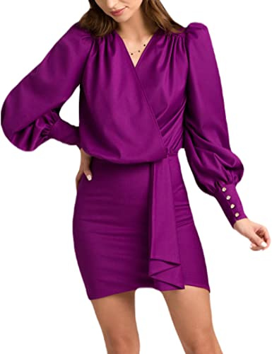 Swing Fashion Stefany | Violett | S Swing Moda Mujer Elegante Festivo Fiesta Verano Noche Coctel | Mini Vestido Escote sobre | Manga Larga | Corto | Violeta | 36