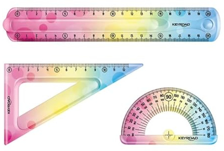 Keyroad Flexible Rainbow Deco KR972278 Juego de geometría útil para Cada Estudiante: 3 Piezas Regla 20 cm, triángulo de Dibujo 18 cm, 1 transportador de 10 cm, Multicolor