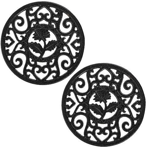 Coloch 2 Pack Cast Iron Trivet with Pegs, 12cm/4.6 Round Metal Trivet with Vintage Patterns Rustproof Hot Pot Holder Pads for Serving Hot Dishes, Pans, Pots, Tea Pots, for Kitchen Counter Top, Black