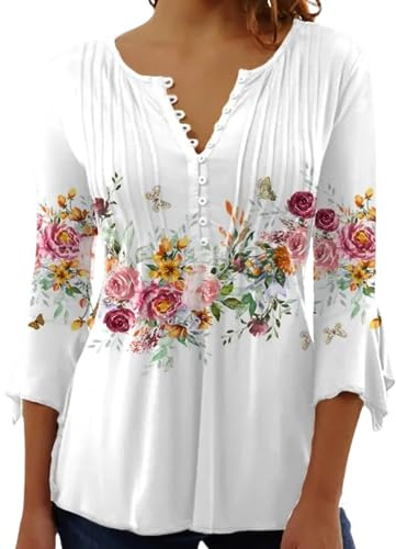 Yeenily Tunique Femme Longue Grande Taille à Manches 3/4 Chemisier Boutonné Imprimé Floral col V Plissé Top Lâche T-Shirt Basiques Haut Automne(Blanc,XL)
