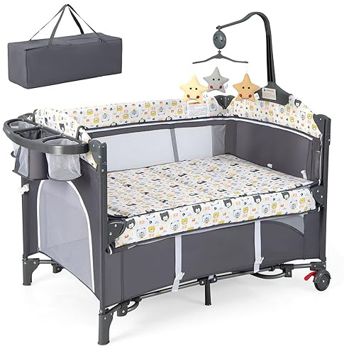 RELAX4LIFE 5 en 1 Cuna Bebé con 5 Alturas Ajustables, Cambiador, Colchón, Caja Música, Juguetes Colgantes y Bolsa de Transporte, Cuna de Viaje con 2 Ruedas Bloqueables para Bebés 0-3 Años (Gris Claro)