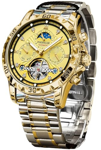 FORSINING Mechanische Herrenuhr, Mondphasen-Tourbillon, automatische Selbstaufzieh-Armbanduhr, luxuriöses Edelstahlband, 43 mm großes Zifferblatt, Herren-Armbanduhr mit 3 Hilfszifferblättern, Goldgold