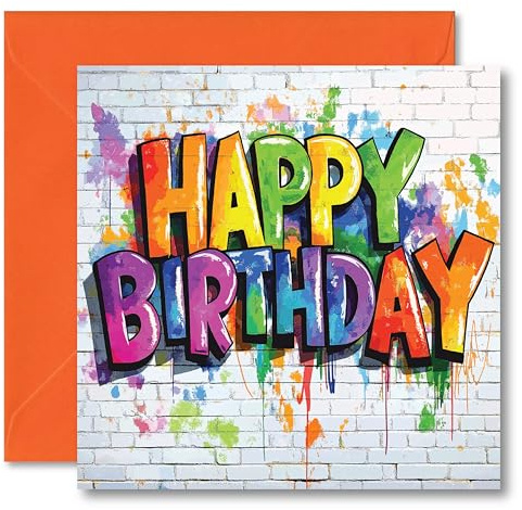 Graffiti Style Happy Birthday Greetings Card - Inside reads: Have an awesome day! - Includes Orange Coloured Envelope - Made in the UK