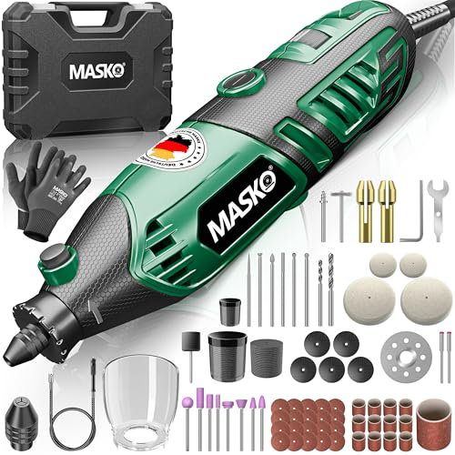 MASKO® Utensile rotante multifunzione 200 W, velocità variabile 10.000 – 40.000 giri/min, con albero flessibile, mandrino a serraggio rapido, valigetta per il trasporto, set di accessori da 141 pezzi