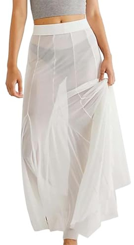 KBOPLEMQ Jupe longue en maille transparente pour femme - Pantalon midi - Élastique - Taille haute - Ourlet à volants - Jupe fluide - Plage - Jupe longue en tulle - Couverture transparente en dentelle