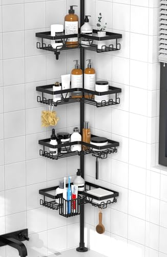 KEGII Corner Shower Caddy Telescopic with Toothbrush Holder - Shower Organiser include 4 Shelves 24 Side Hooks 2 Soap/Razor Holder, Fits 63.5cm - 290cm Height