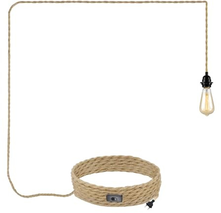 JZCDR - Luminaria colgante vintage de cuerda de cáñamo con casquillo E27 negro enchufe e interruptor cable de 5 m para comedor dormitorio DIY, sin bombilla